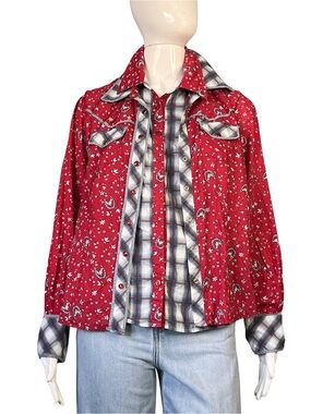Requirements Vtg 90s Equestrian Ditsy Floral Plaid Two-In-One Western Shirt L